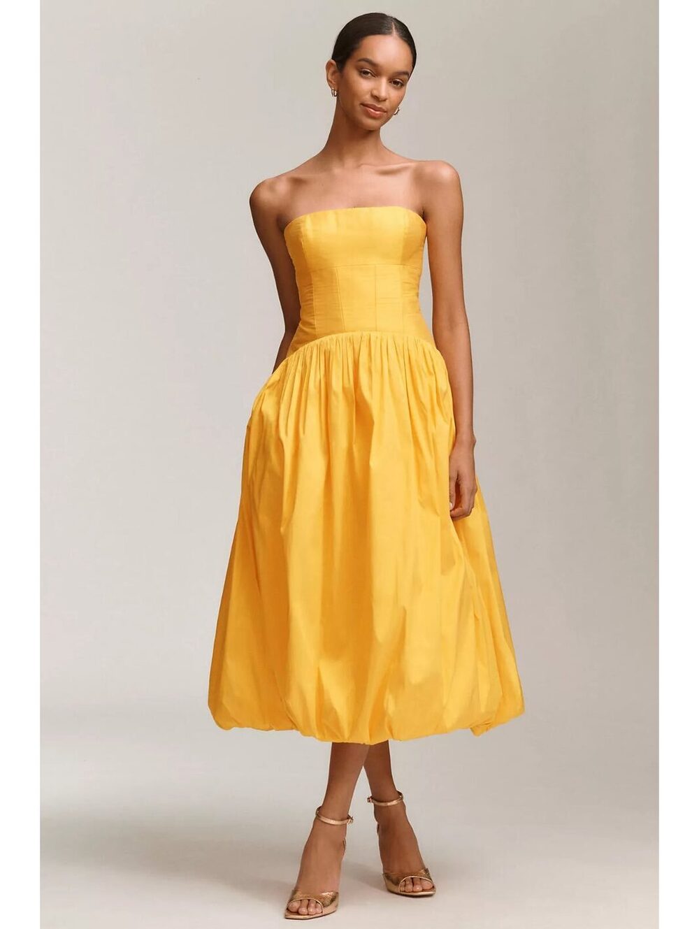 BHLDN STRAPLESS DROP WAIST BUBBLE MIDI DRESS